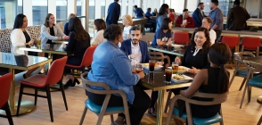 Students and staff relaxing, eating and socializing at the pub.